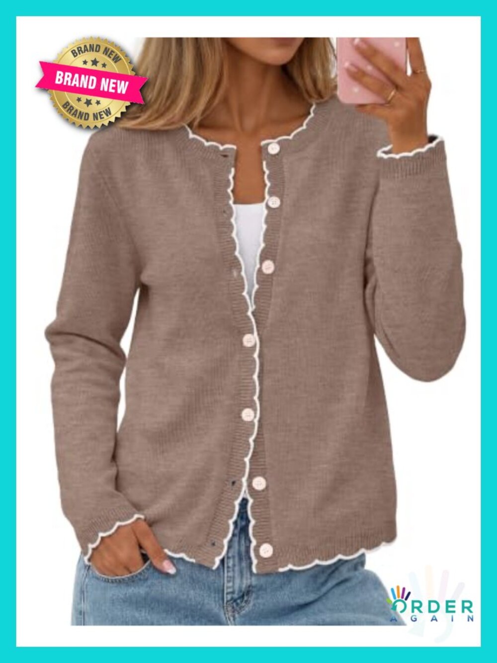 Open Front Cardigan Sweater Scalloped Trim Knit Button Up Long Sleeve